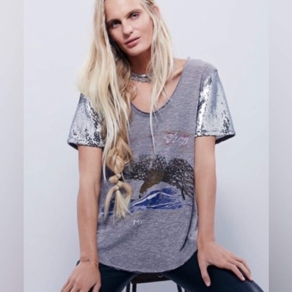 Free People We The Free Rare Silver Sequin Sleeve Graphic Eagle Tee